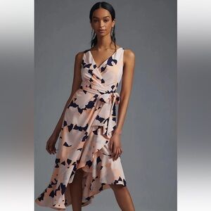 Anthropologie | Hutch Asymmetrical Wrap Midi Dress Size Small Peach and Navy
